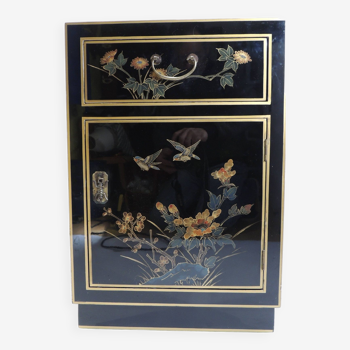 Black lacquered bedside table two butterflies and vintage love flowers