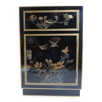 Black lacquered bedside table two butterflies and vintage love flowers
