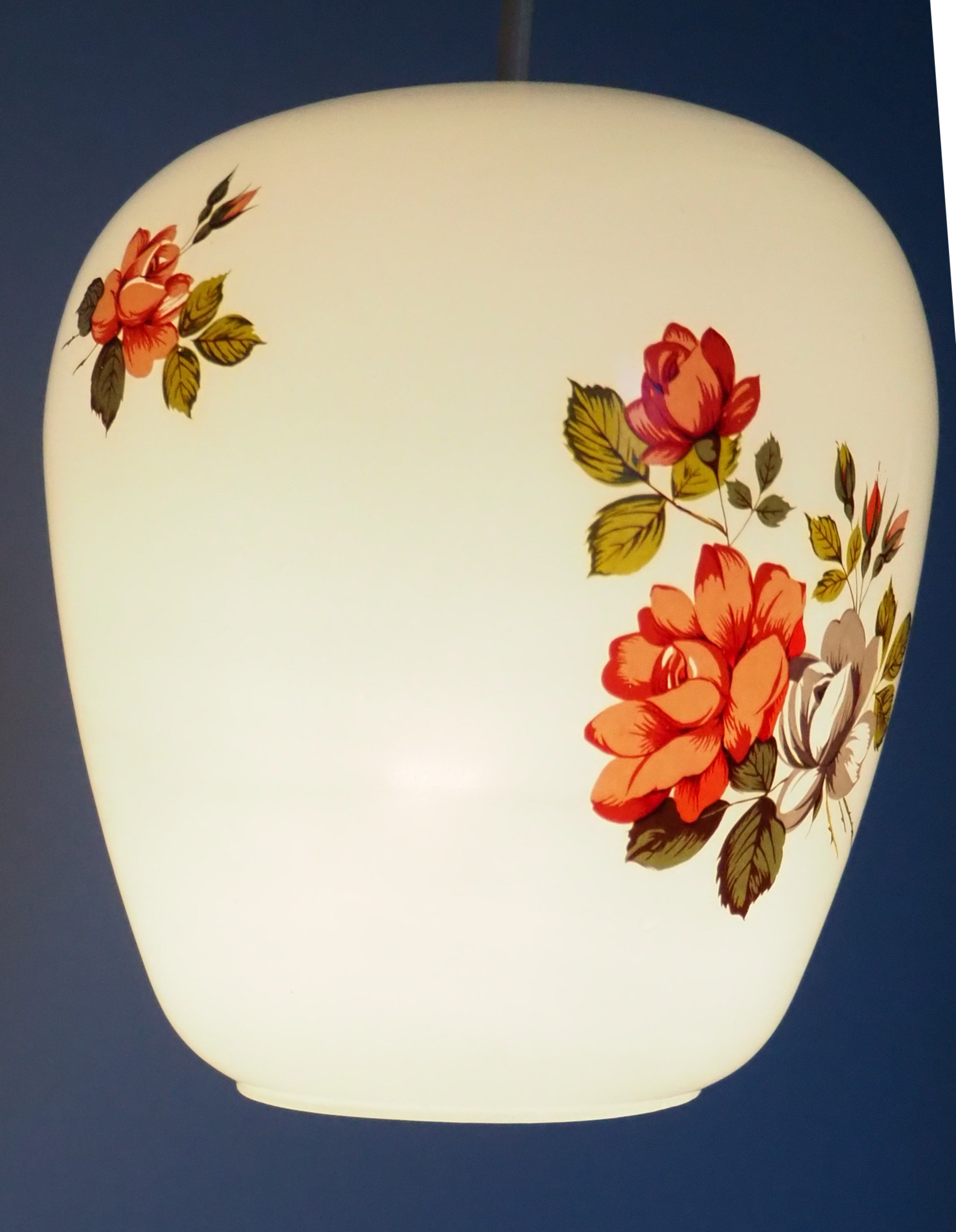 White opaline pendant lamp bouquets of roses from the 1970s.