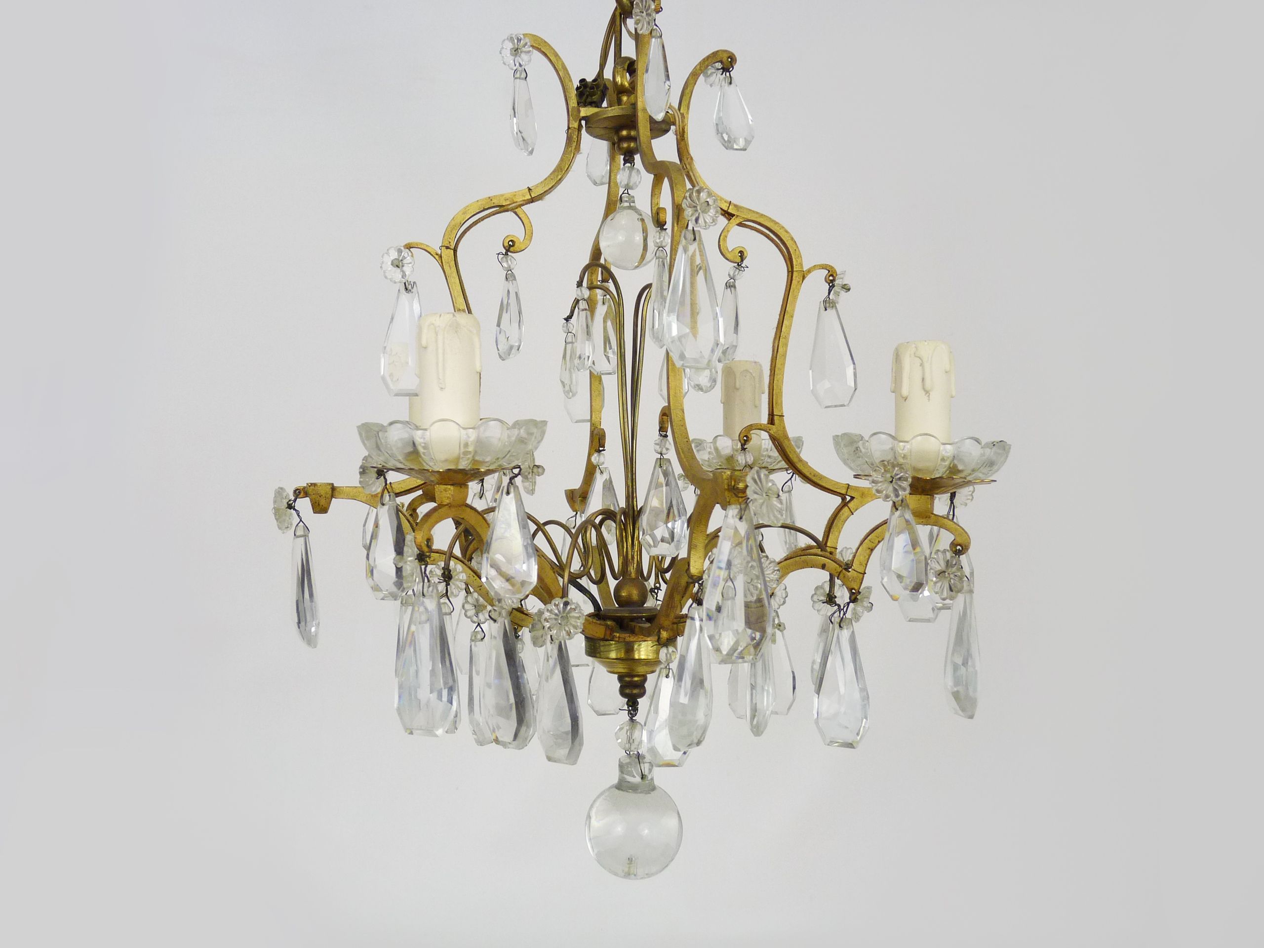 Bronze cage chandelier and glass tassels, with 4 lights. Chandelier tassels. 60s