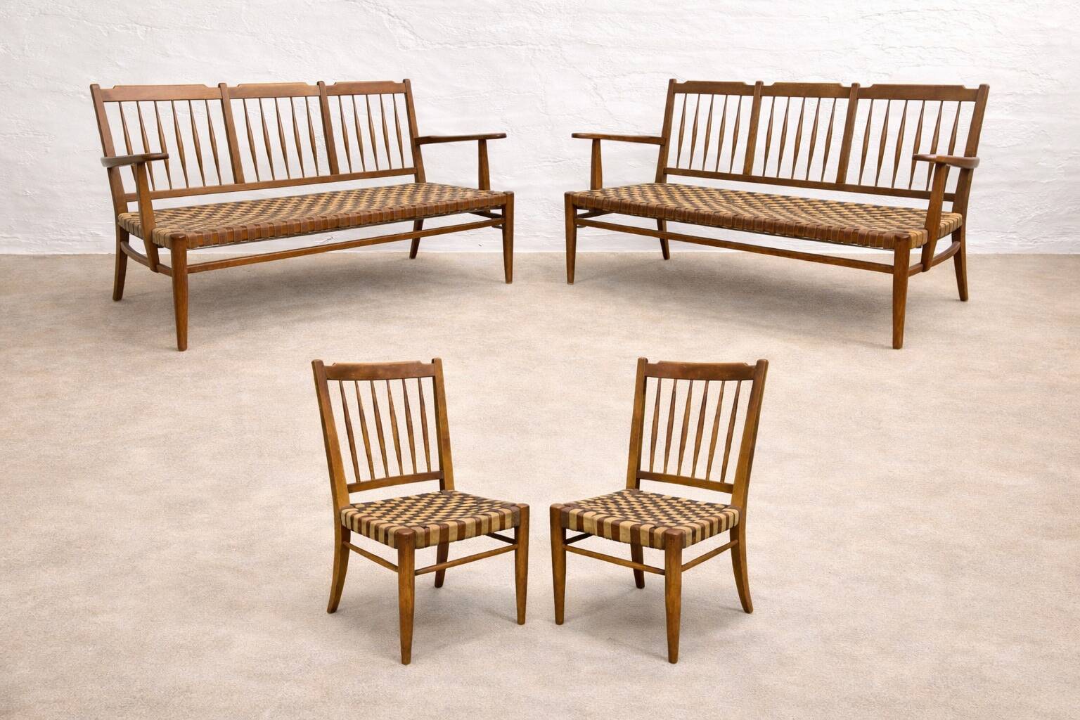 Lajos Kozma, pair of mid-century Hungarian oak sofa-bench & chairs in untouched condition, 1940s Hungary (extremely rare)