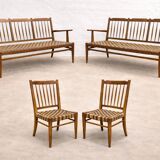 Lajos Kozma, pair of mid-century Hungarian oak sofa-bench & chairs in untouched condition, 1940s Hungary (extremely rare)