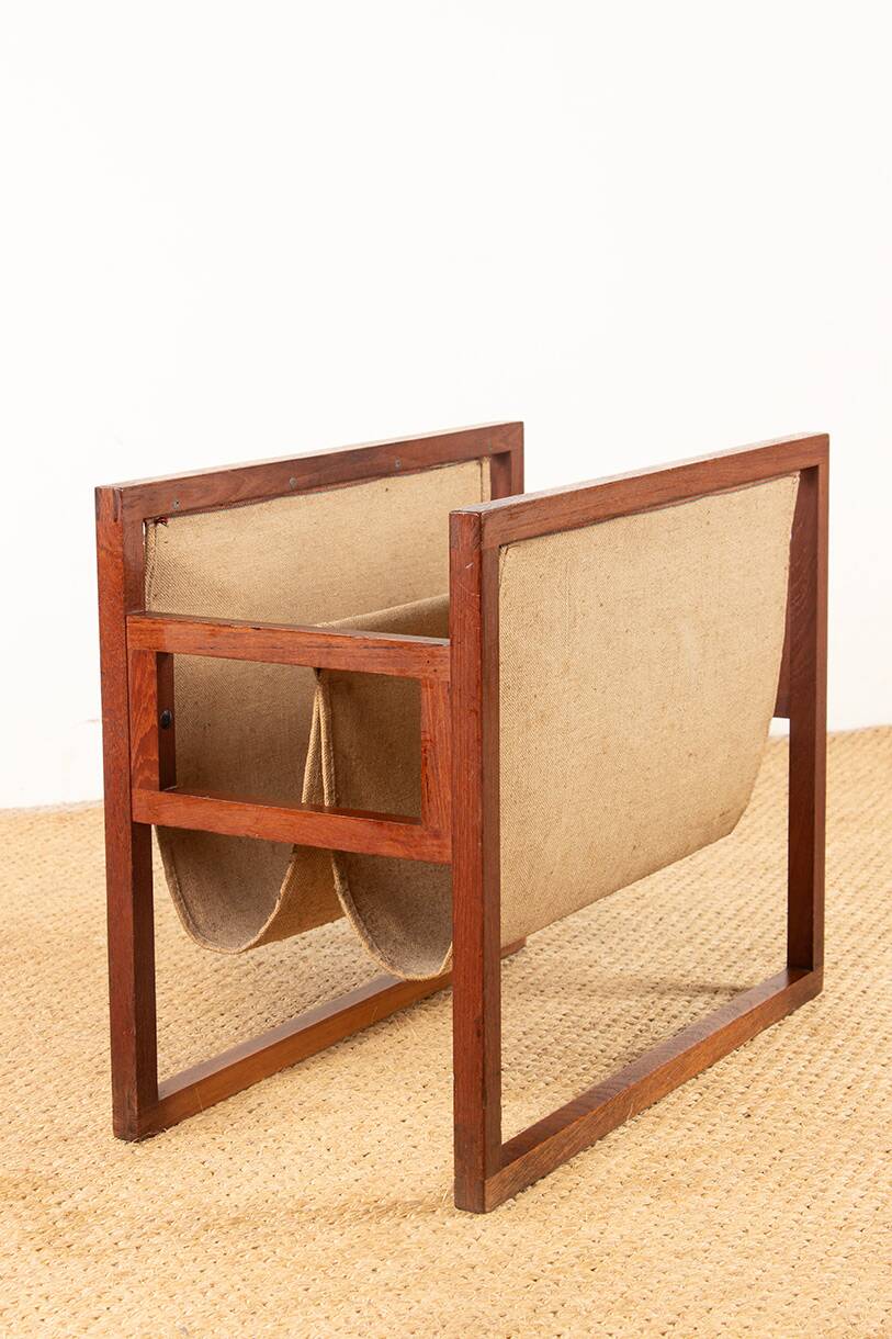 Danish magazine rack in teak and linen by Henning Wind-Hansen for Sika Møbler