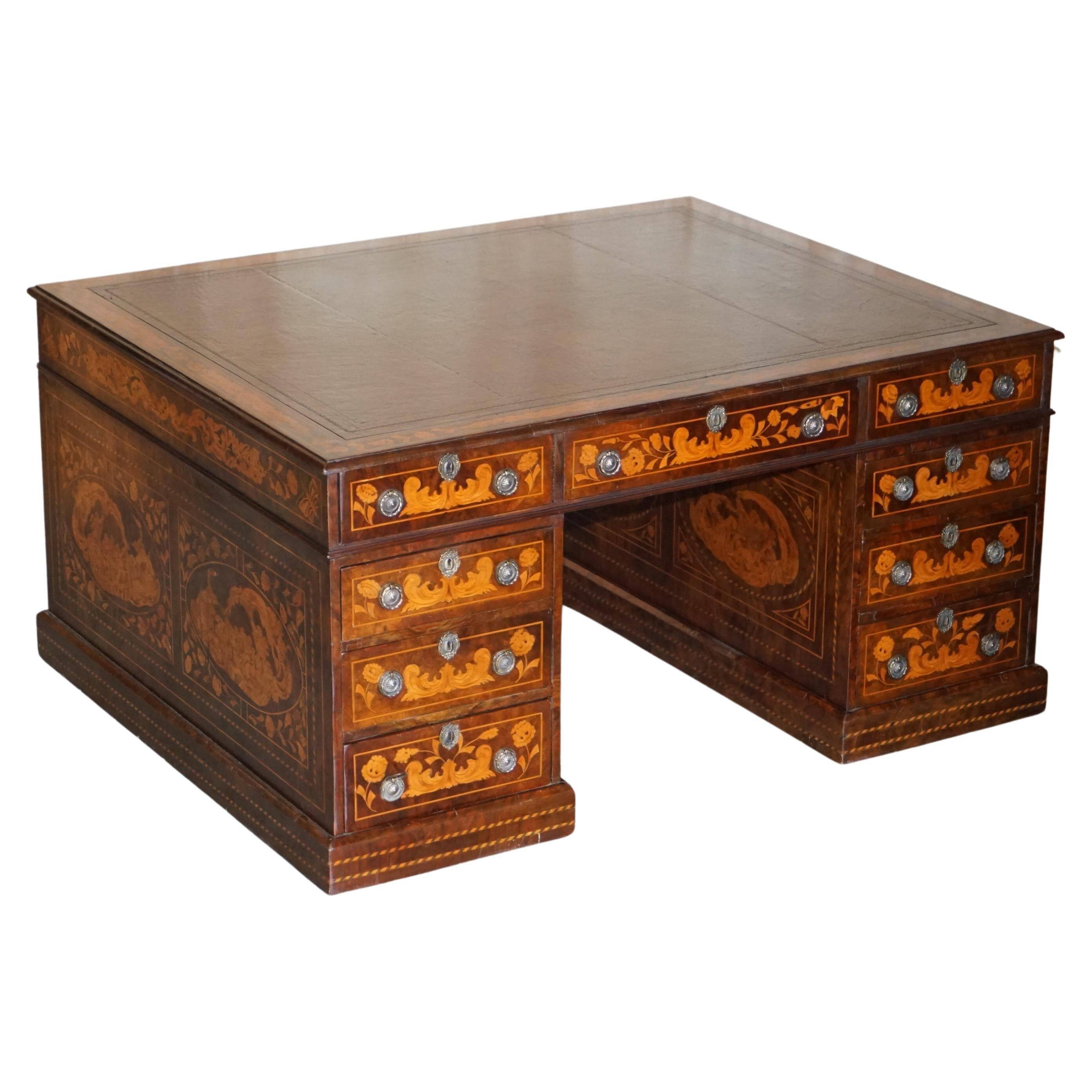 Bureau à caissons jumelés double face avec marqueterie hollandaise antique
