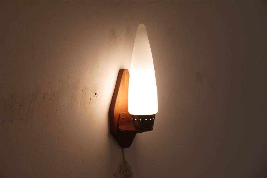 Danish teak and opaline wall lamp