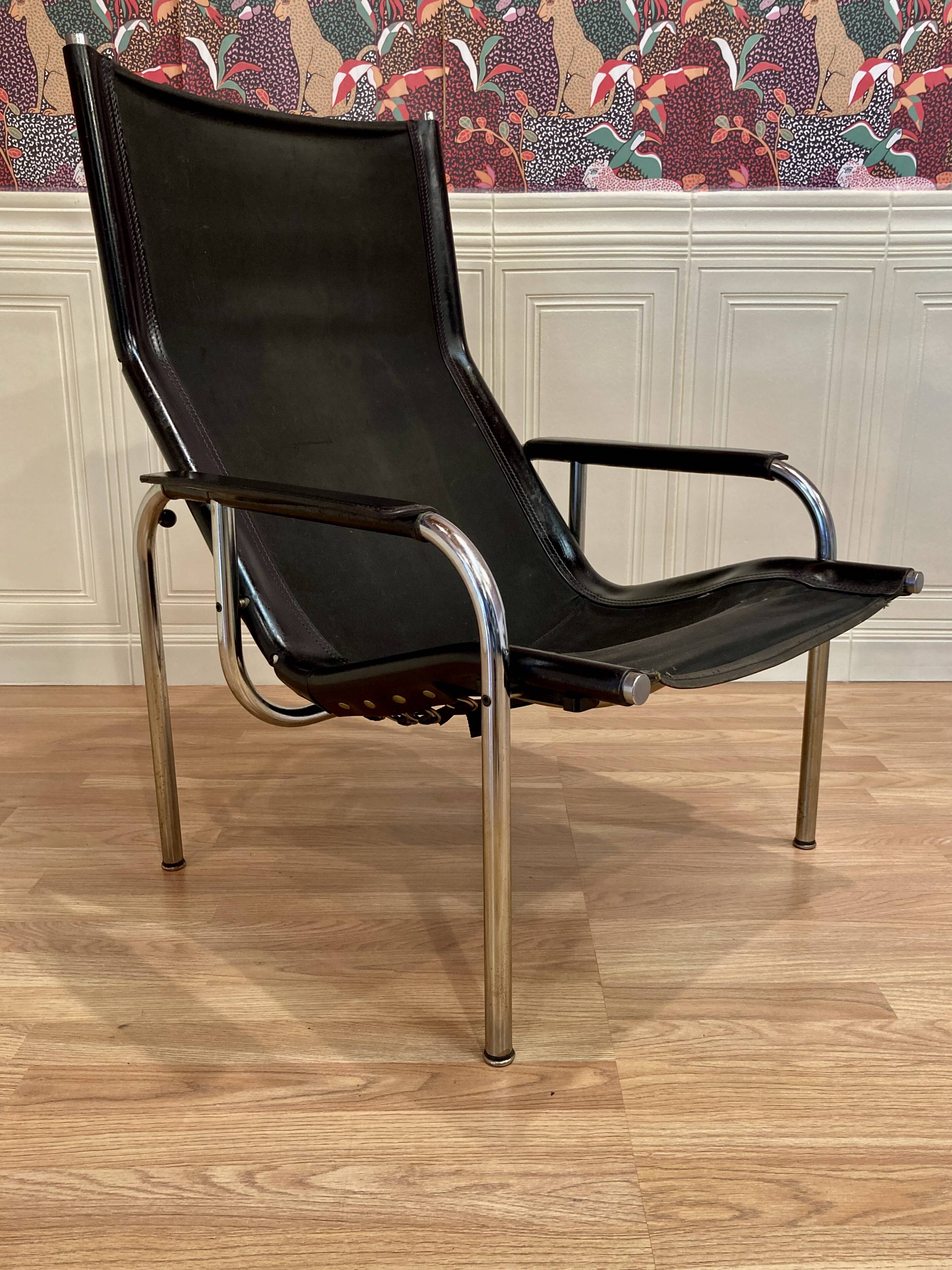 Paire de fauteuils relax inclinable cuir noir design "Hans Eichenberger" 19