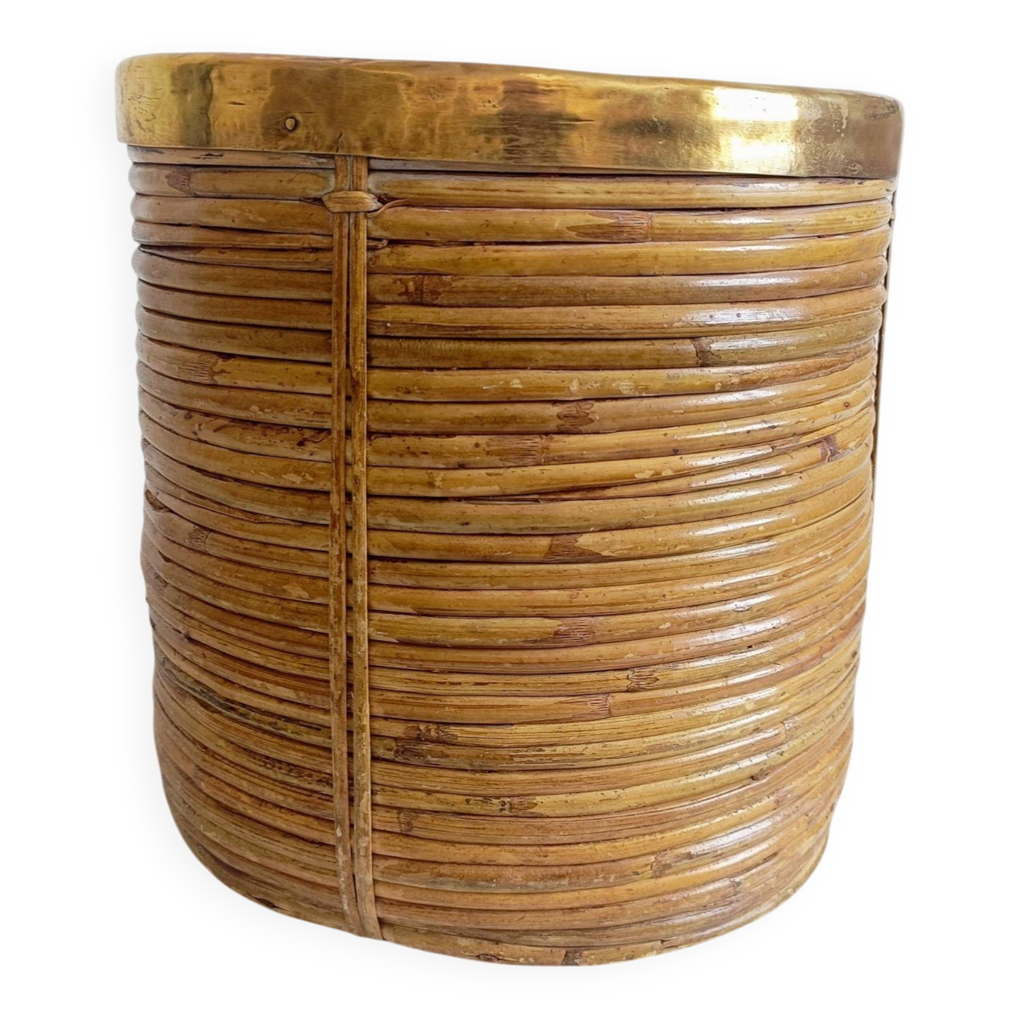 Mid-Century Organic Modern Medium Size Pencil Reed/Rattan Planter with Brass Rim