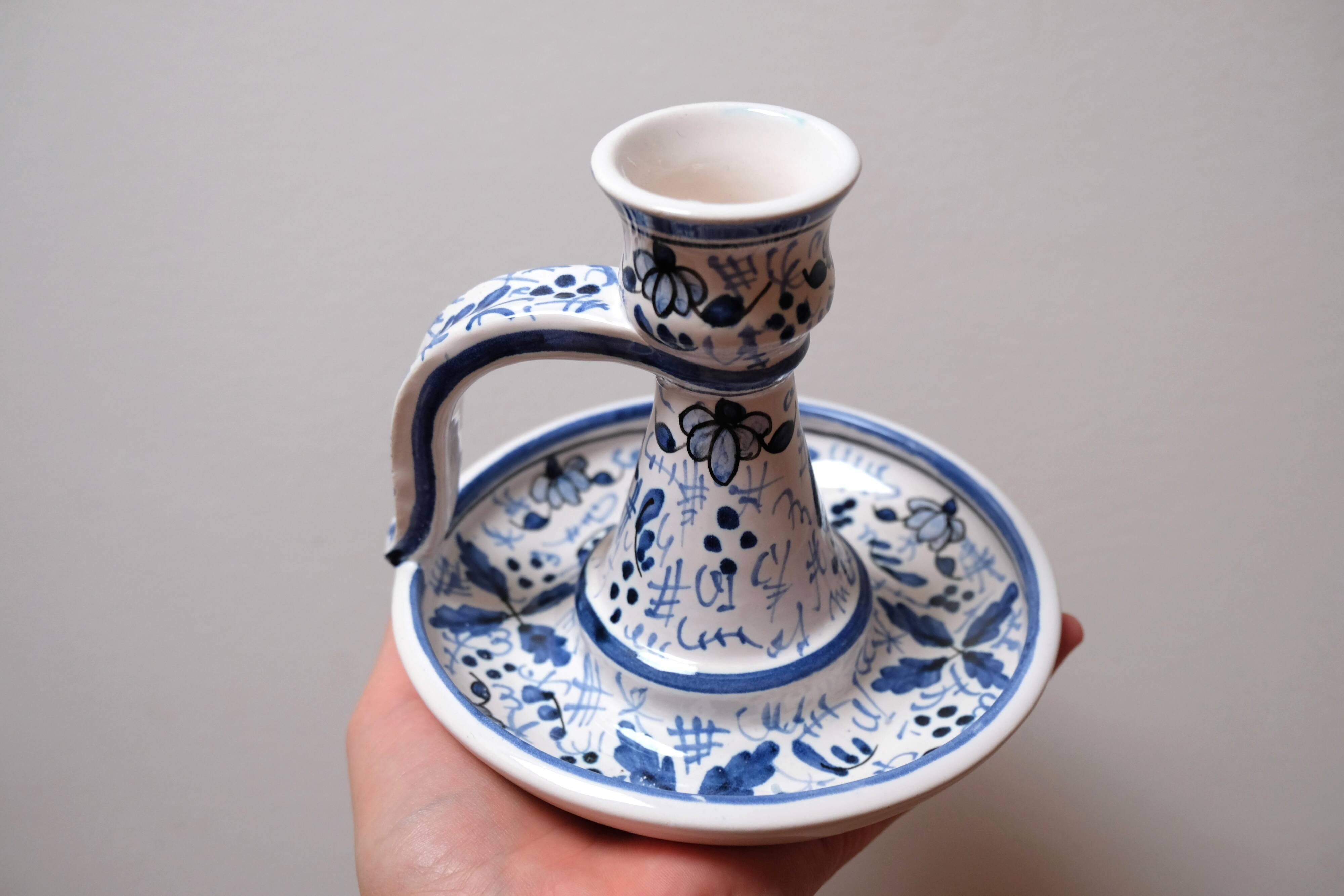 Blue patterned ceramic candle holder