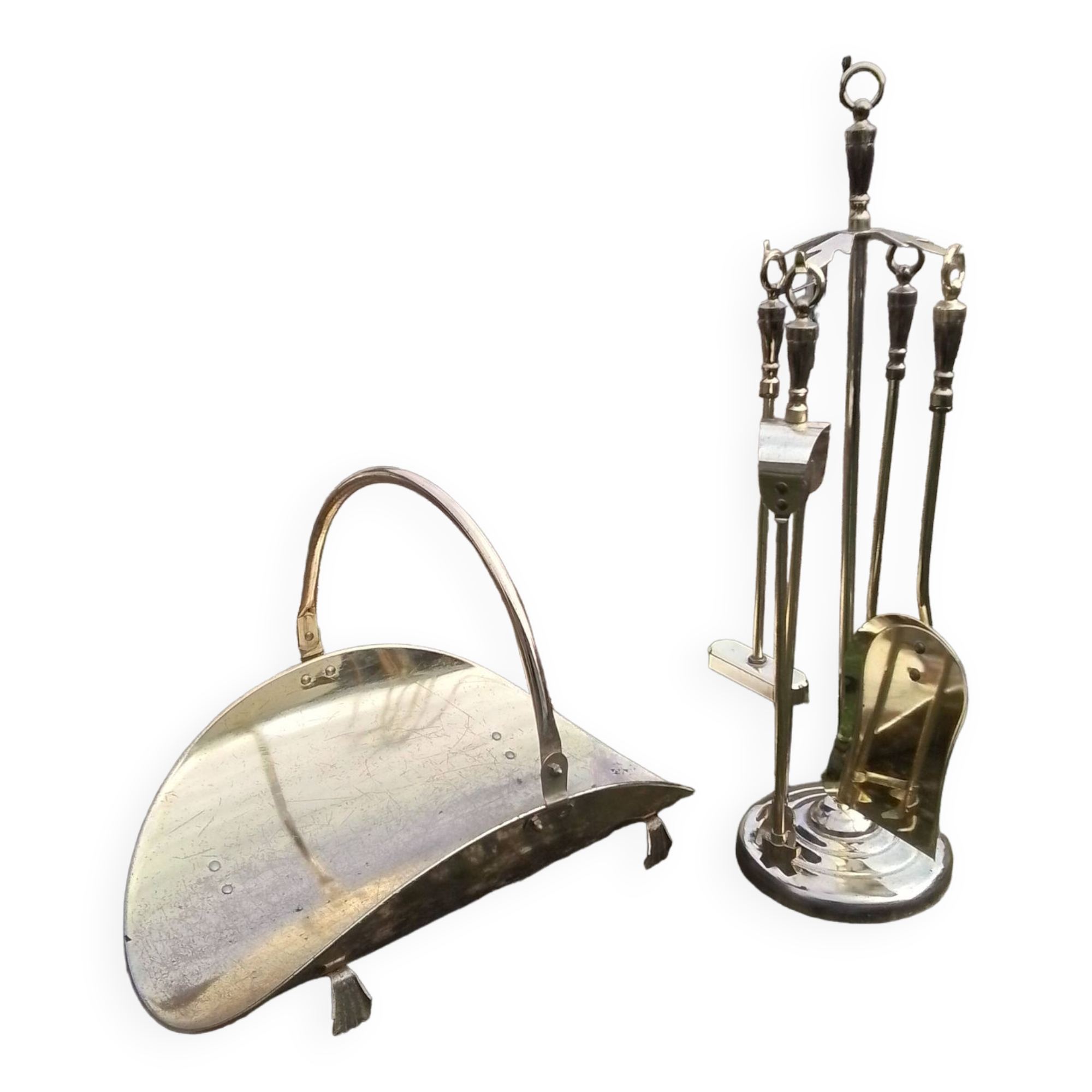 Fireplace servant and log basket set all in gilded brass