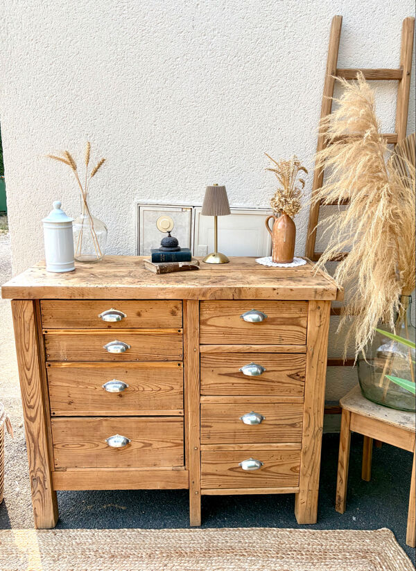 Ancien établi en bois 8 tiroirs