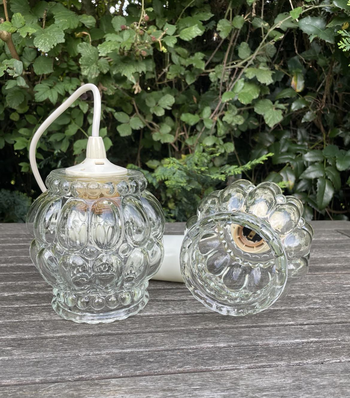 Pair of Bubble Pendant Lamps in Amber Glass Vintage 70s