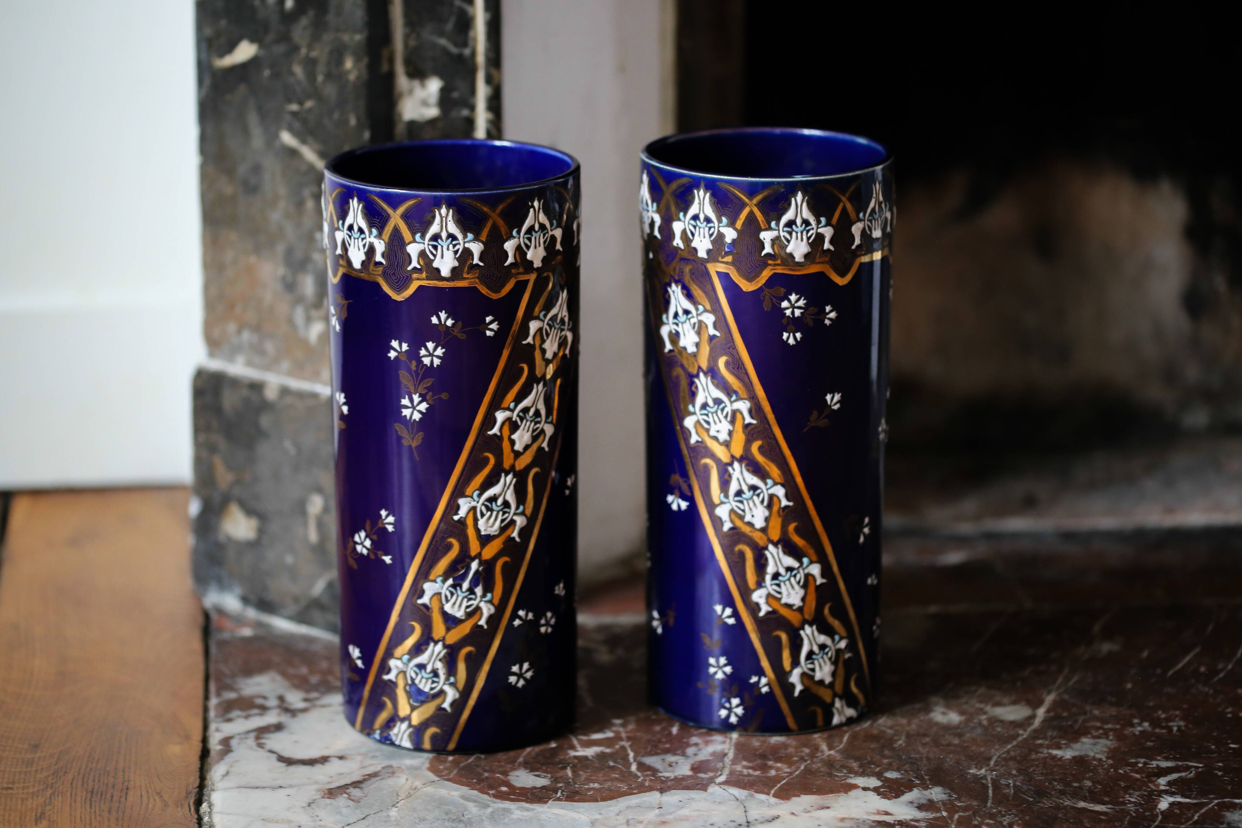 Pair of Lunéville porcelain vases Art Nouveau blue ceramic