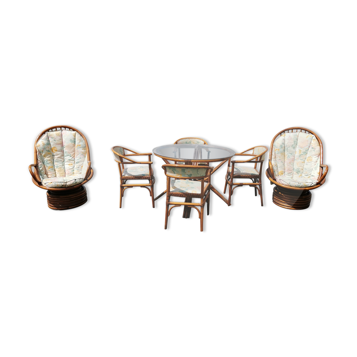 Rattan garden furniture, table, chairs and armchairs