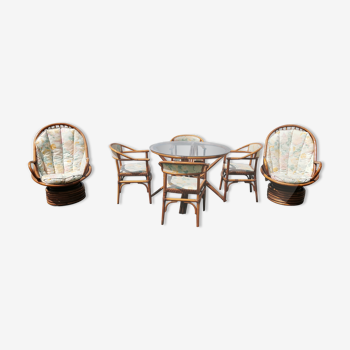 Rattan garden furniture, table, chairs and armchairs