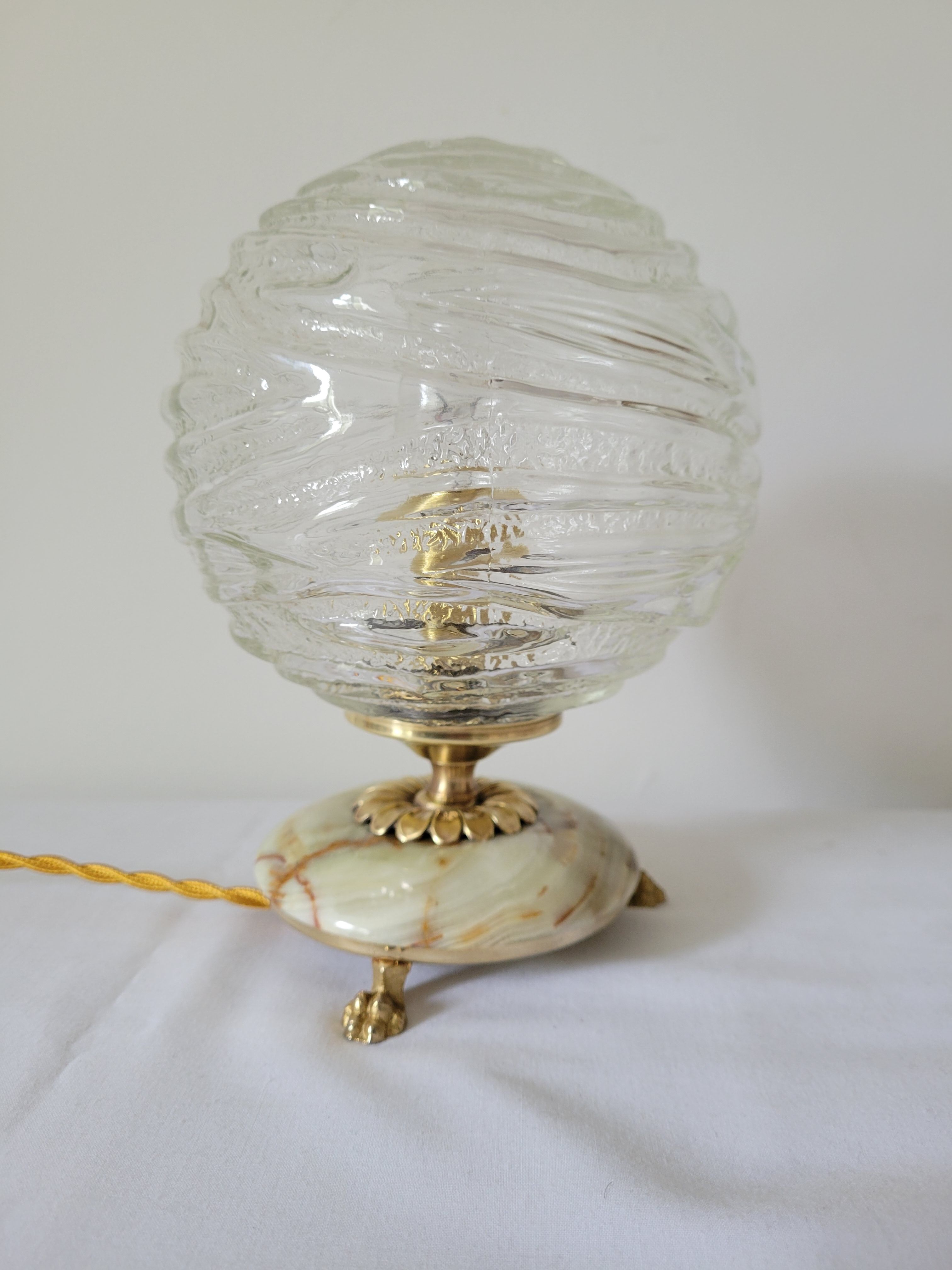 Onyx lamp, brass and glass