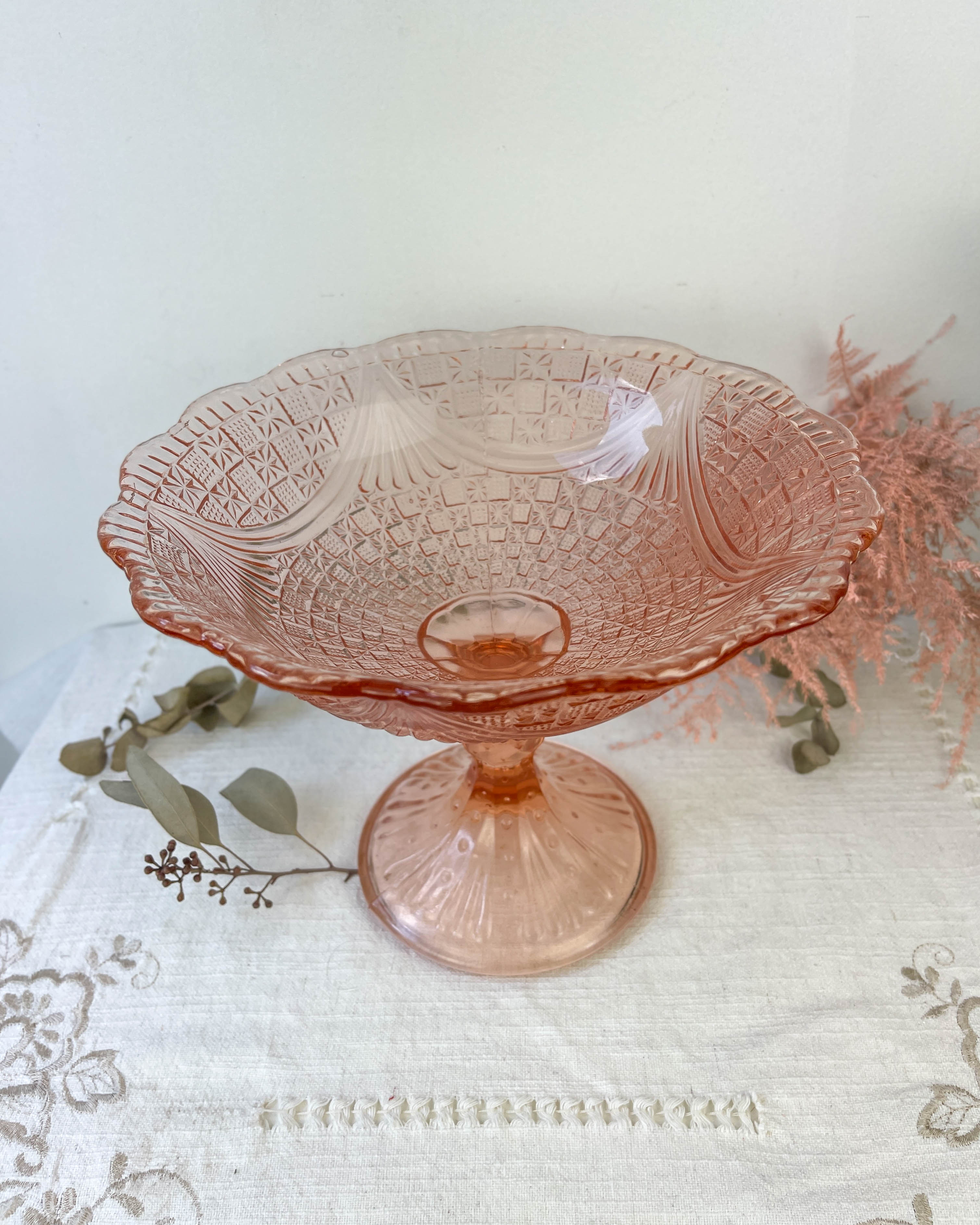 Vintage pink depression glass standing cut 50s