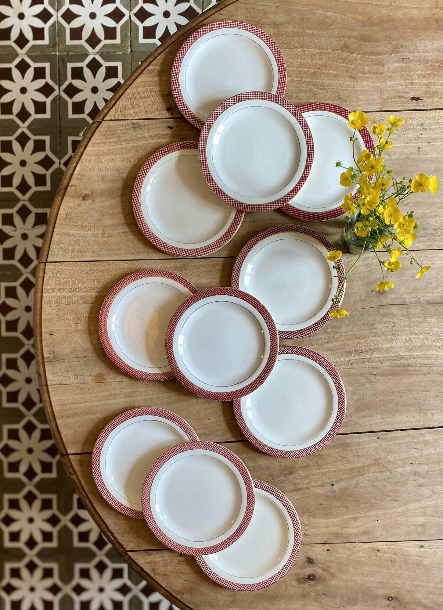 Set of 11 vintage dessert plates - Monaco red model by Salins