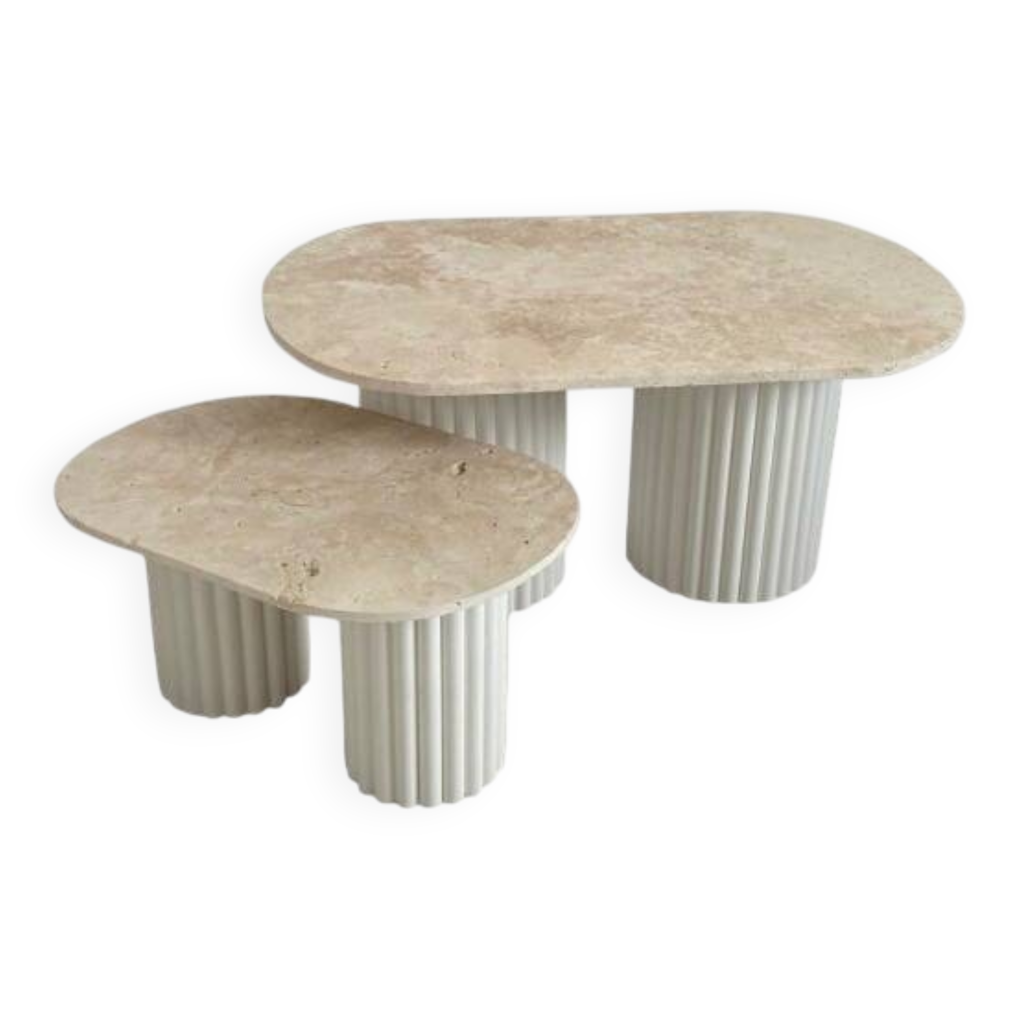 Oval coffee table duo travertine and white fluted wooden legs.