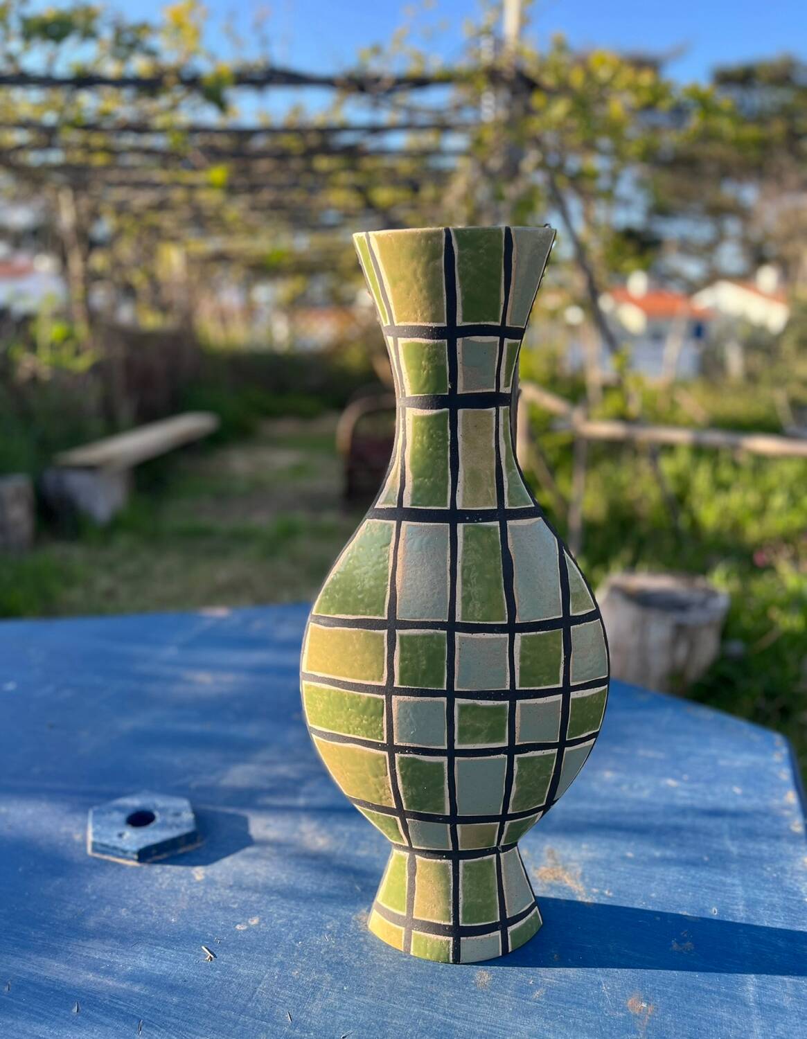 Large Art Deco olive green glazed ceramic vase