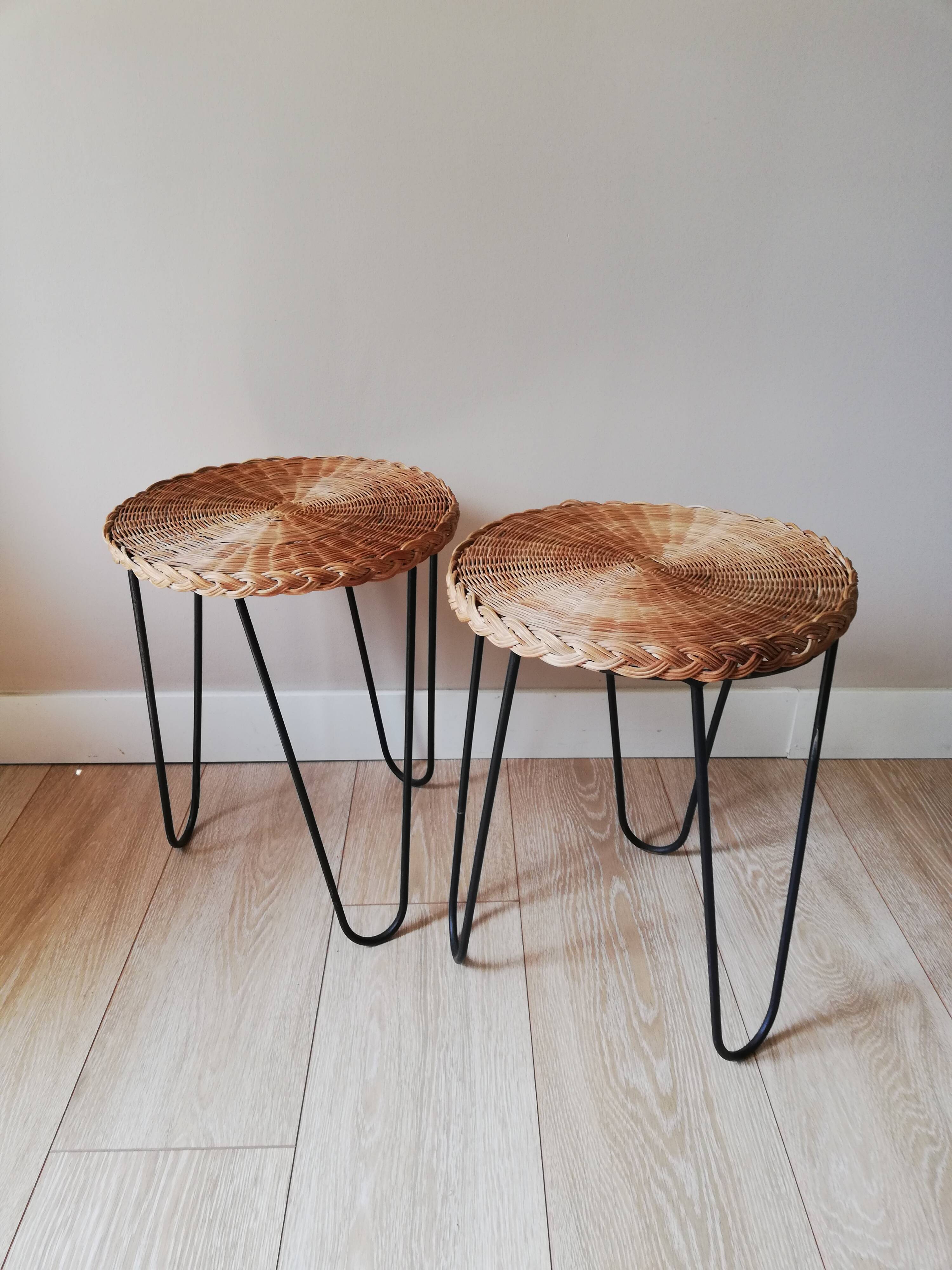 Metal and rattan tripod side table pair