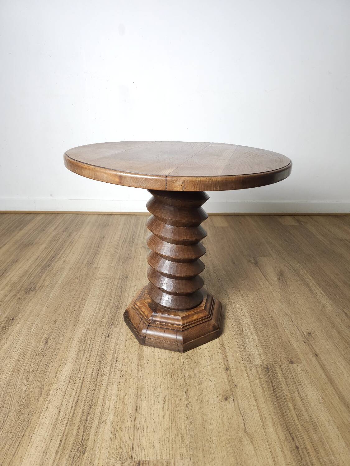 Brutalist side table in solid oak, circa 1950.