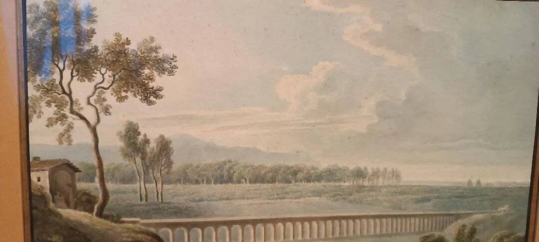 Old watercolour on paper from the early 19th century – landscape with aqueduct