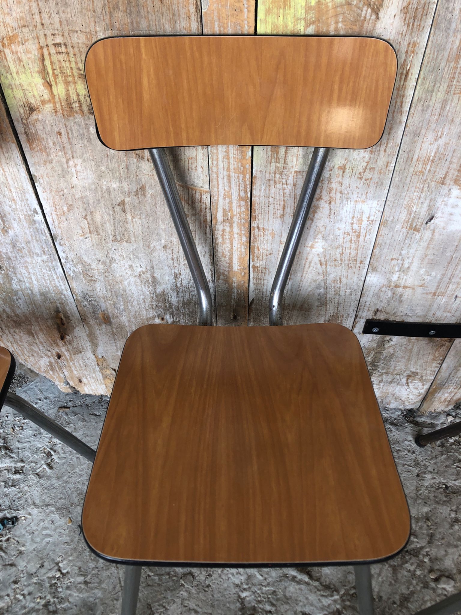 Series of 4 Formica Chairs Wood Legs Metal Chrome Vintage #A243