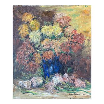 Table huile sur toile  "Bouquet of flowers" signed M De Rebeval  twentieth century