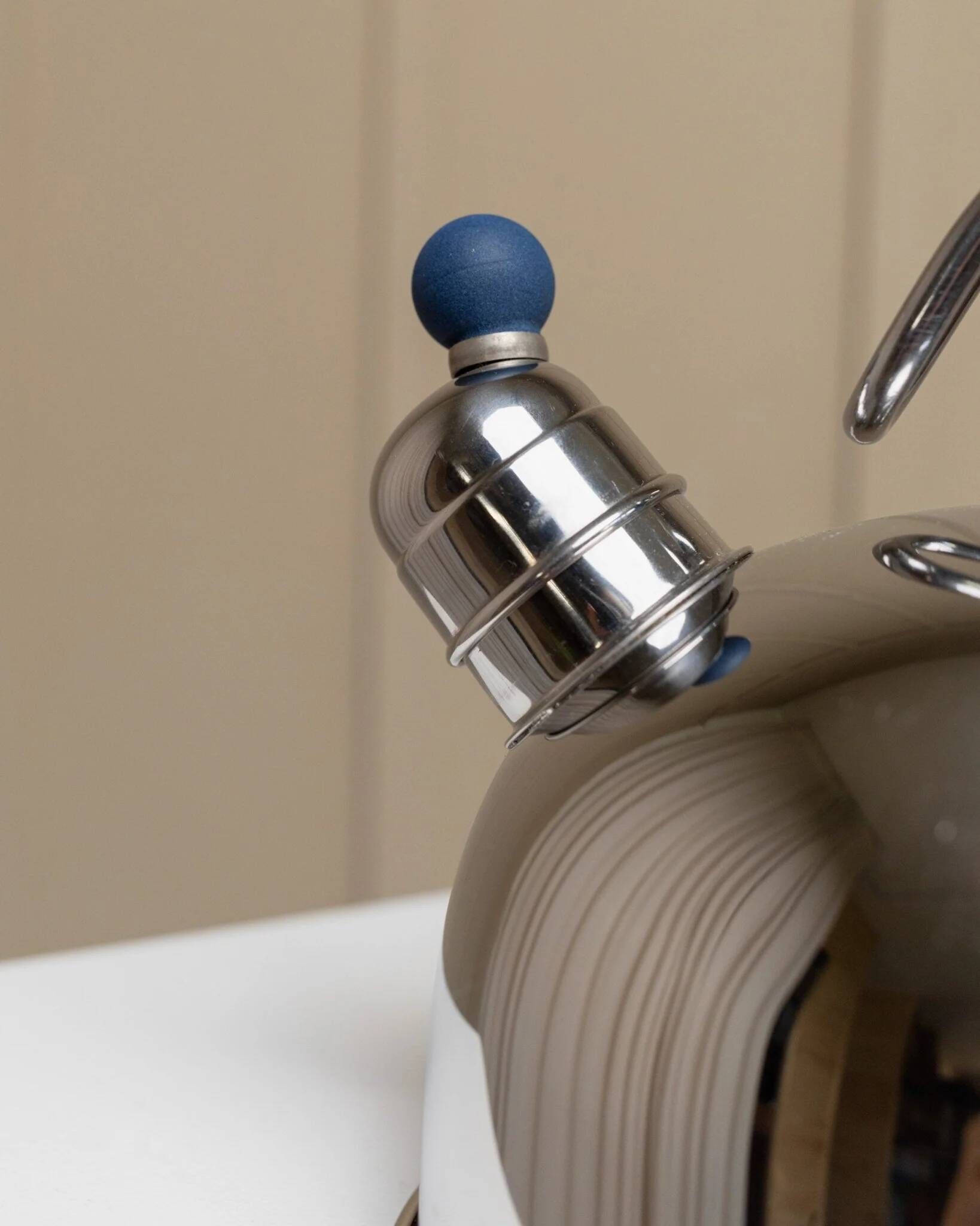 Polished argent metal kettle with blue accents – Italian 1980s design, retro stainless