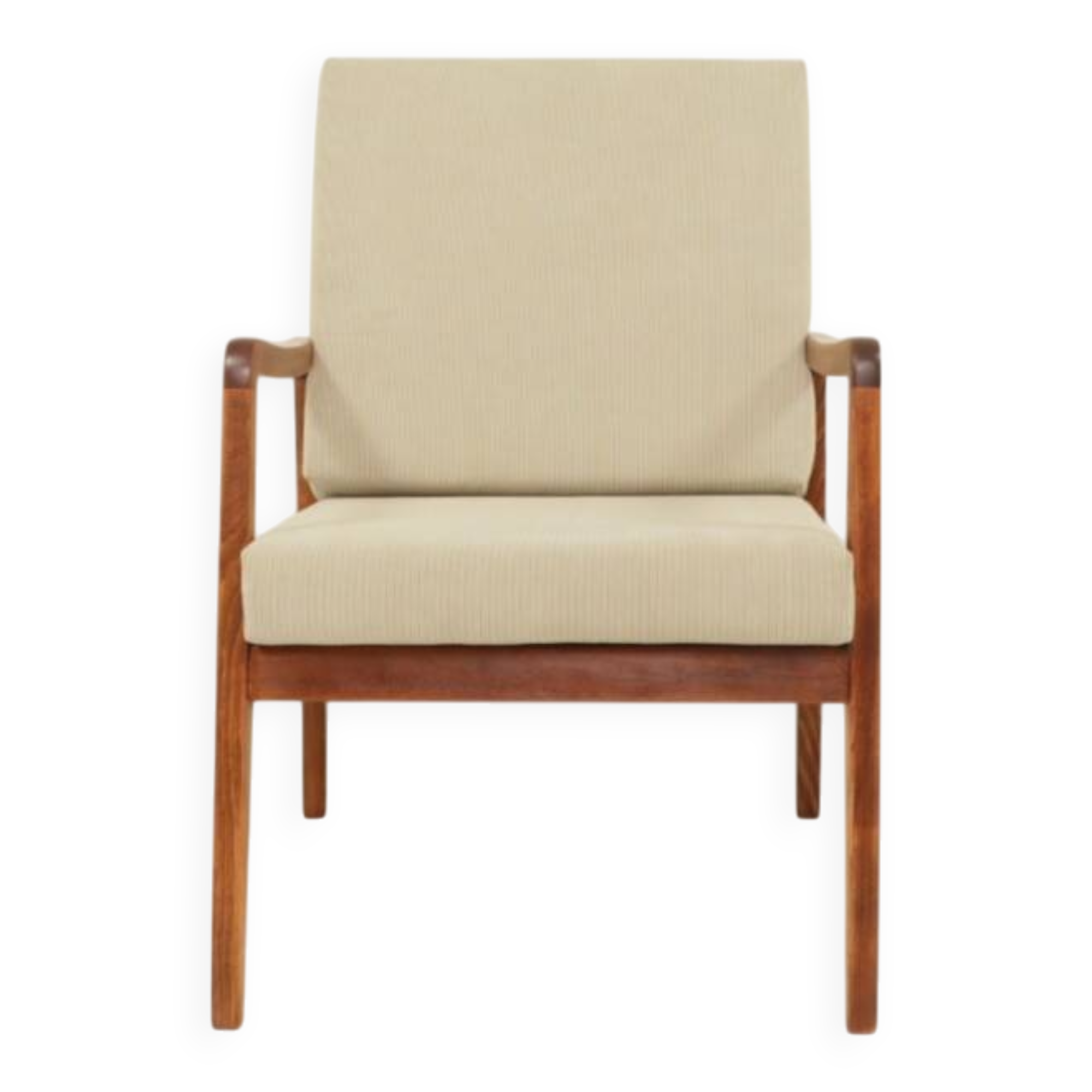 Vintage armchair in olive corduroy with a wooden frame.