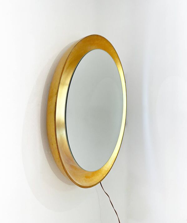 Miroir rond en bois doré, Italie 1960