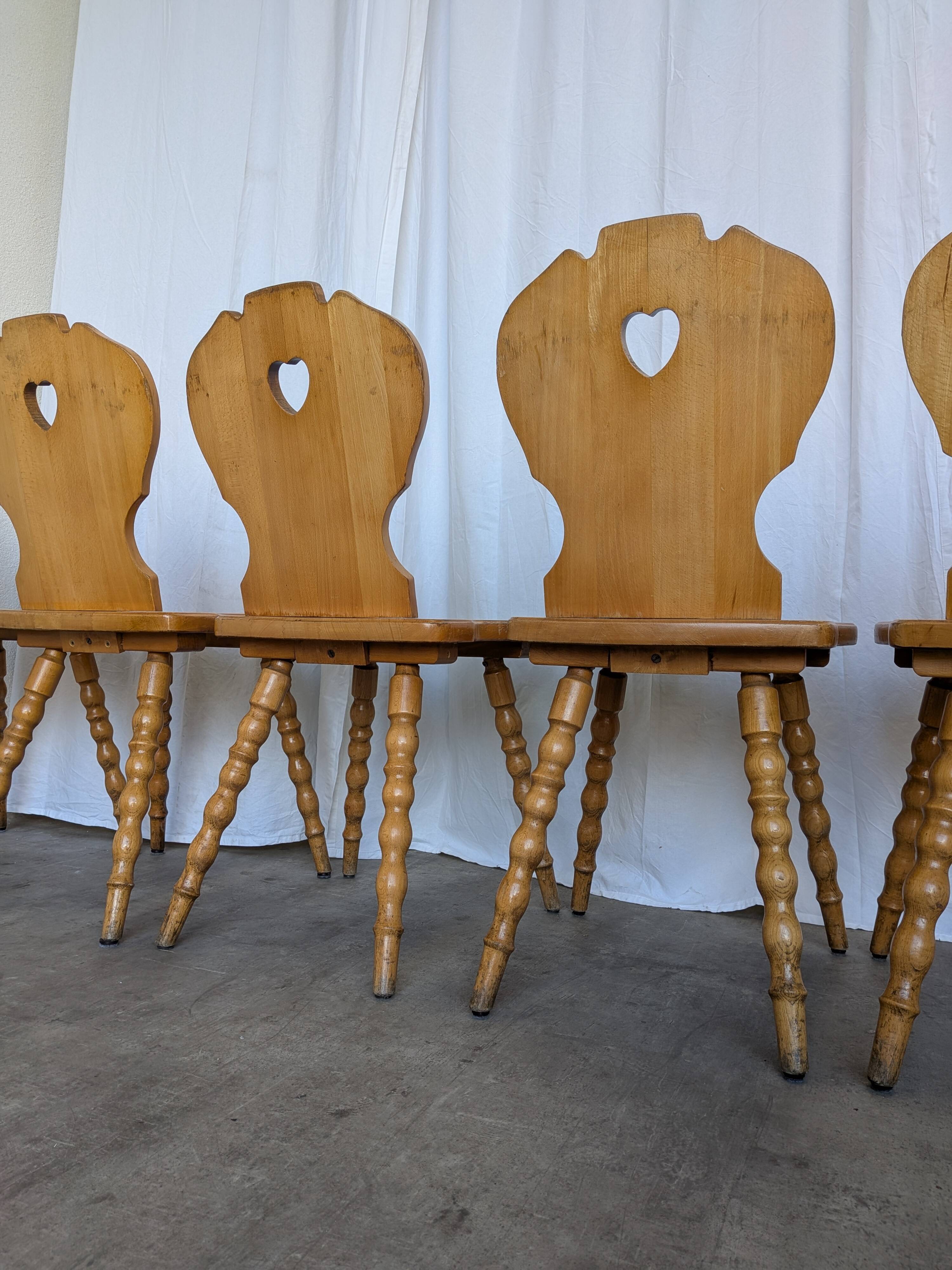 Set of 6 Vintage Tyrolean Heart Cutout Wooden Dining Chairs, Farmhouse