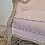 Louis XV style bench sofa in pink fabric and burlap