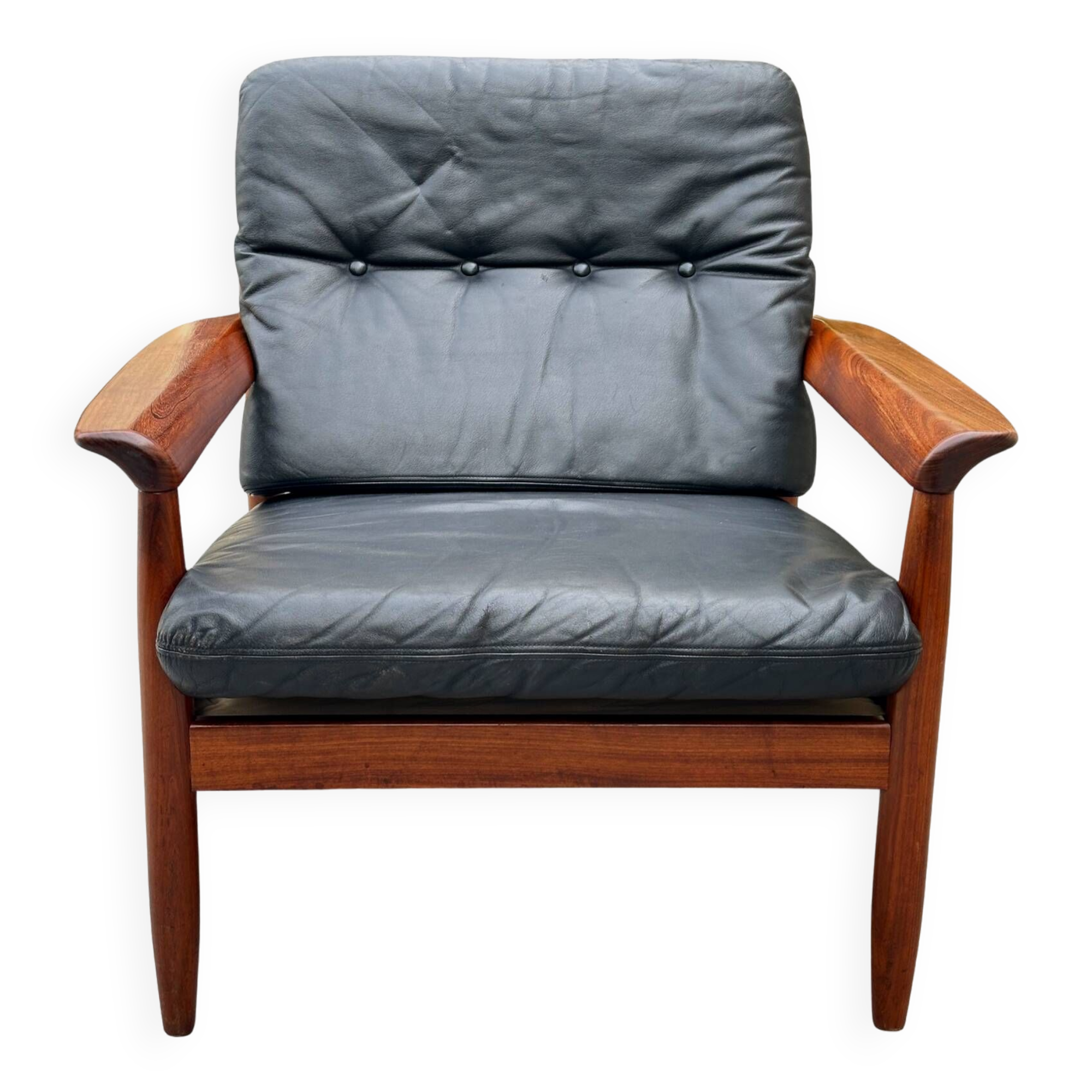 Scandinavian armchair in black leather and teak - 1960s