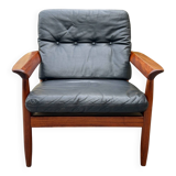 Scandinavian armchair in black leather and teak - 1960s