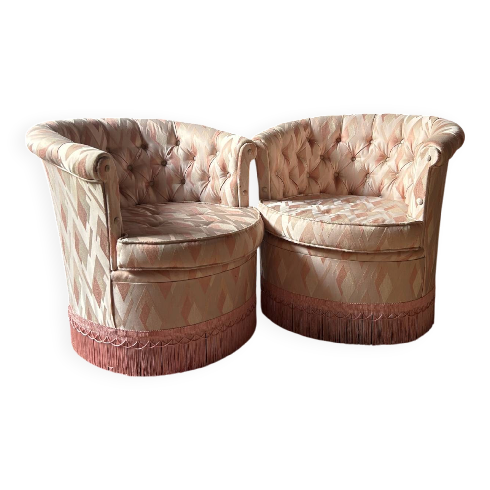 Pair of Hollywood Regency style cabriolet armchairs in satin pink, 1970s.