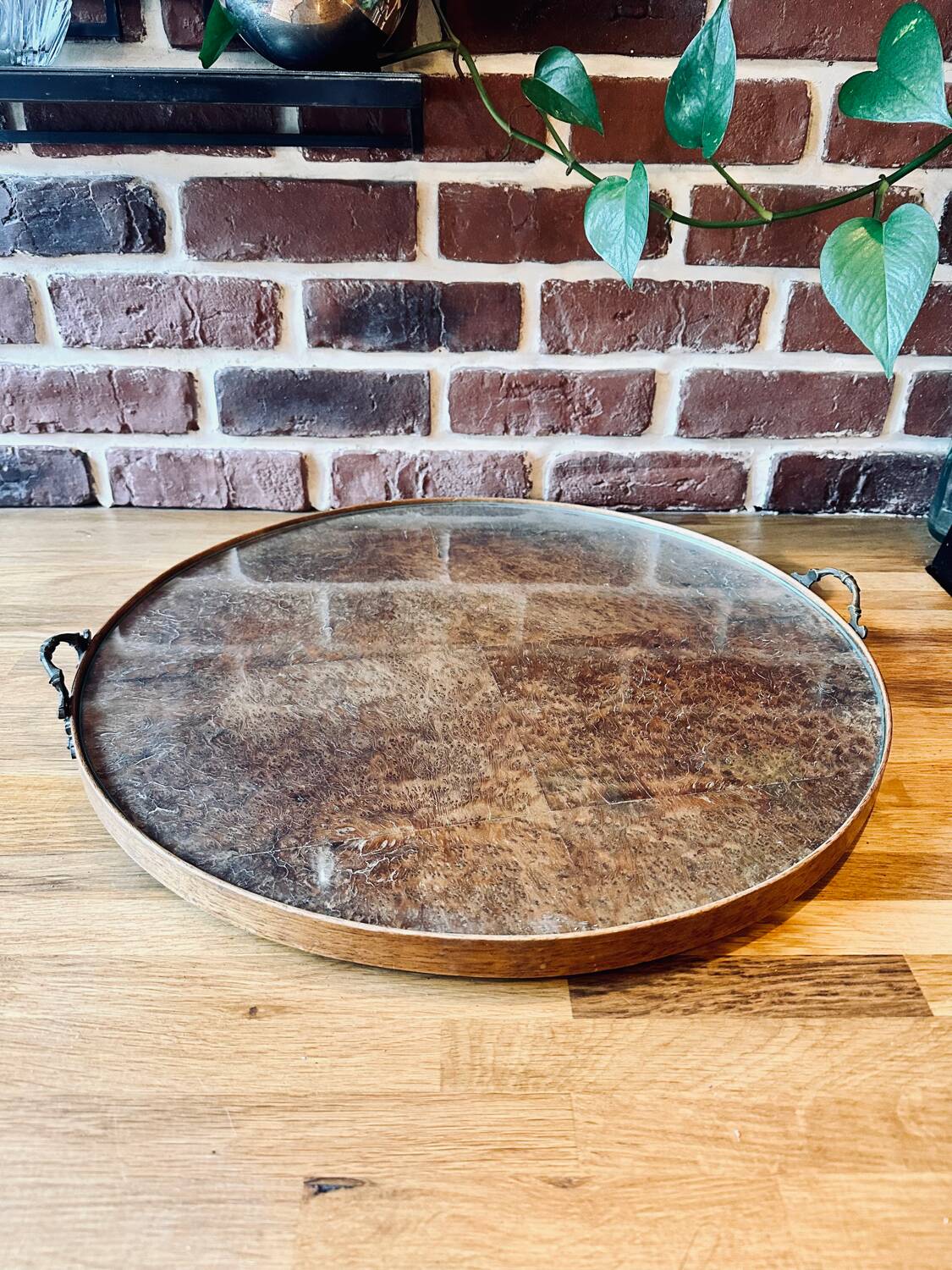 Large old wood glass metal tray