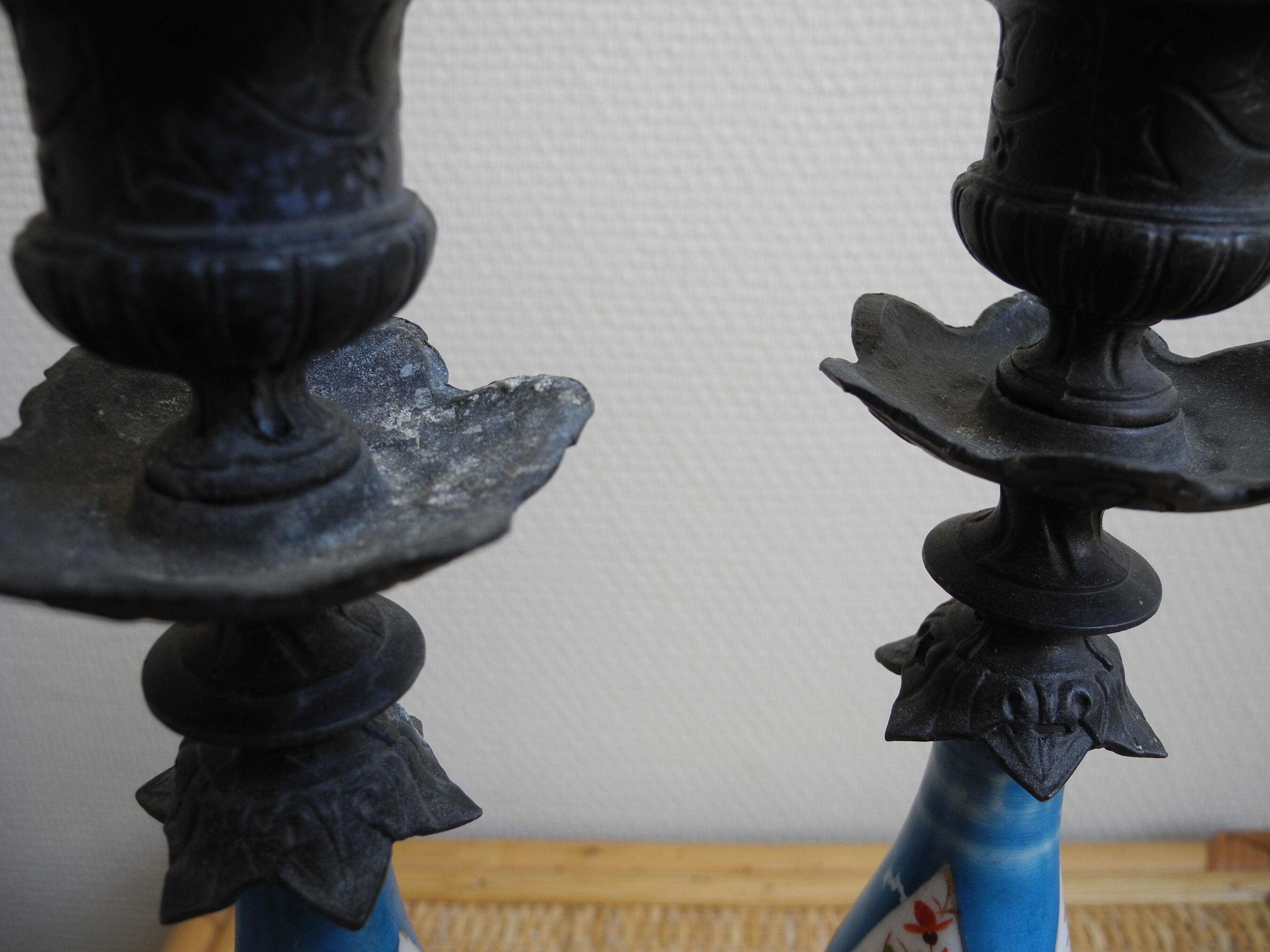 pair old candlesticks tin porcelain old french candlesticks