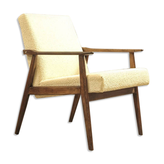 Chaise scandinave boucle beige Design moderne du milieu du siècle 1970 fauteuil de salon original rénové style ethnique bois de noyer