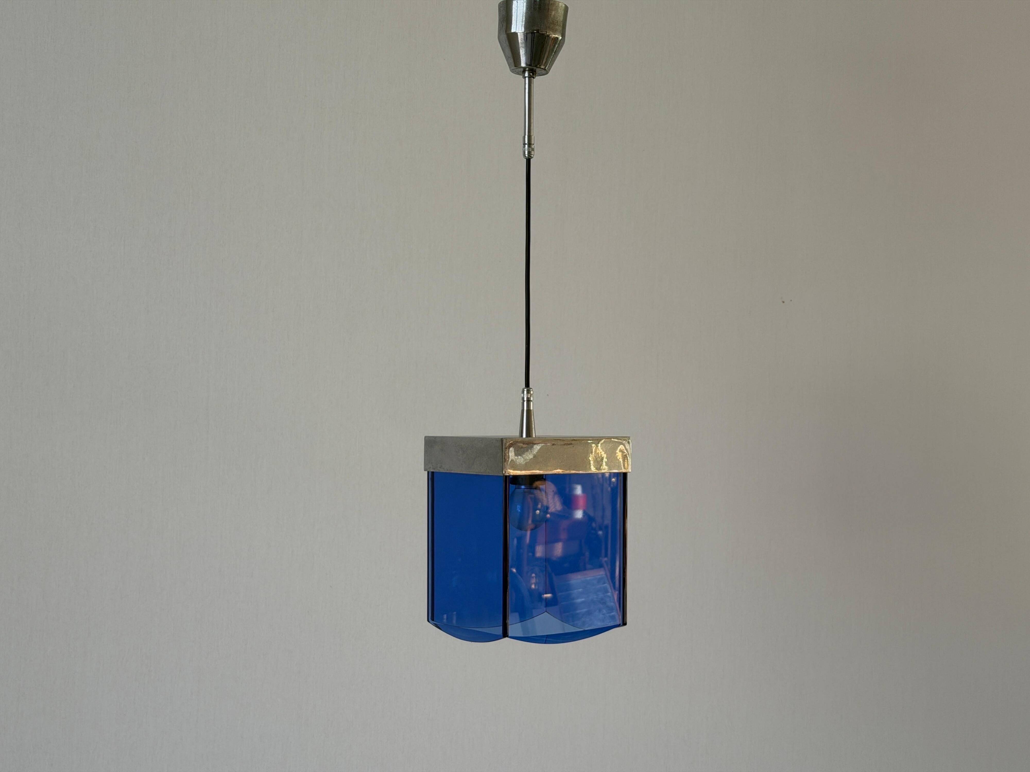 Art Deco ceiling light in blue glass and chrome, 1950s, Italy