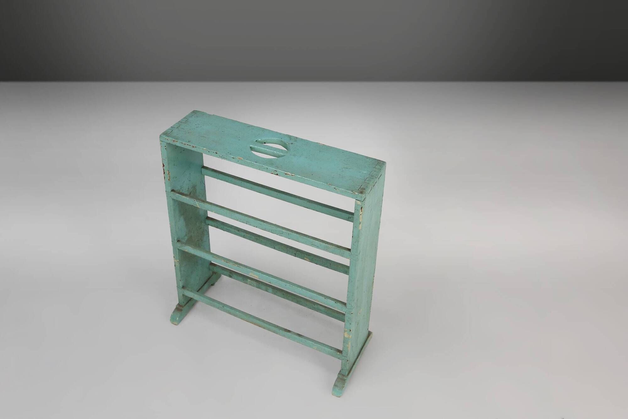 Industrial small mint-colored rack or bookcase with 4 shelves and beautiful patina, Belgium, 1920s