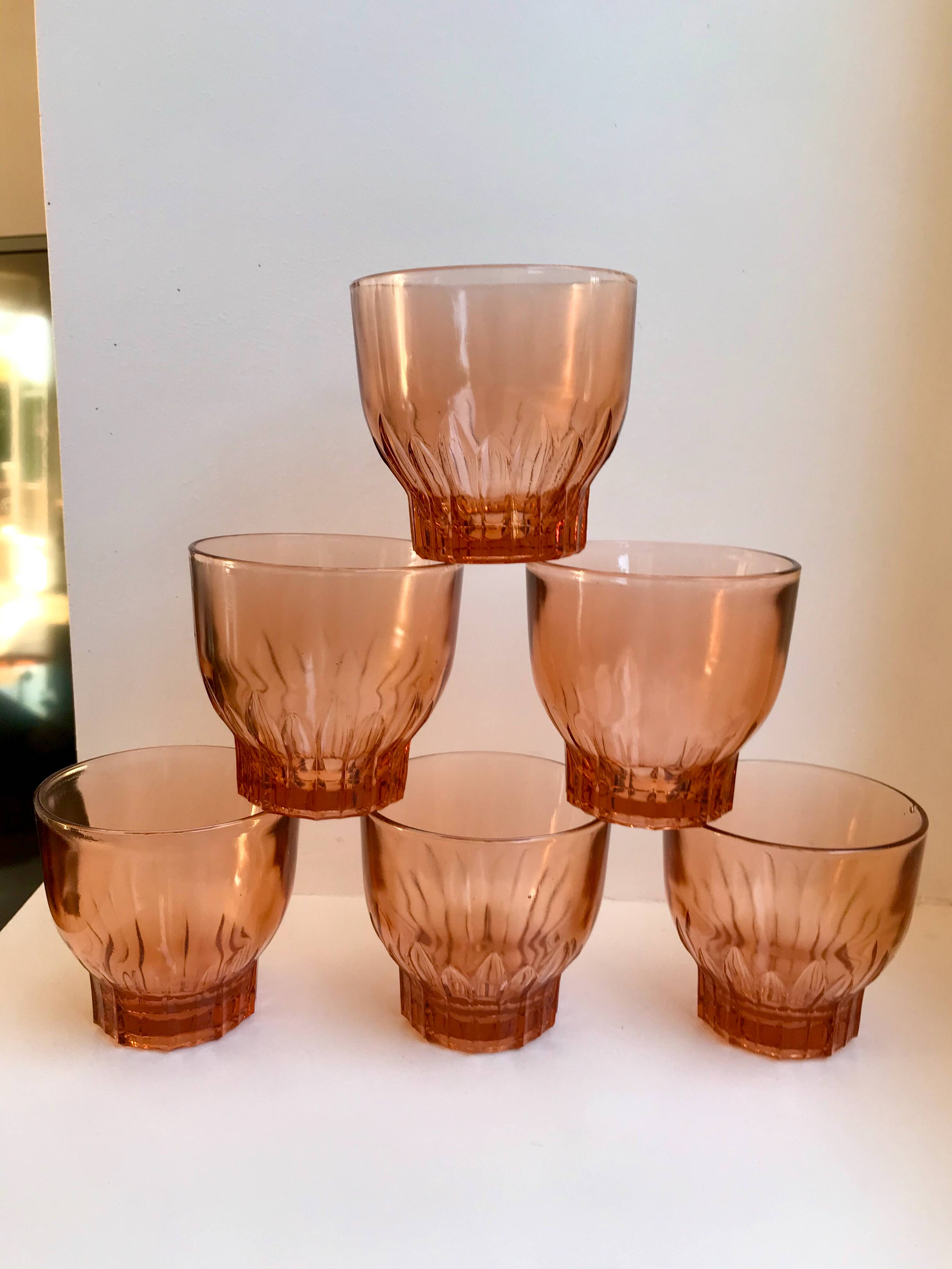 Set of 6 large pink glass water glasses from the 60s