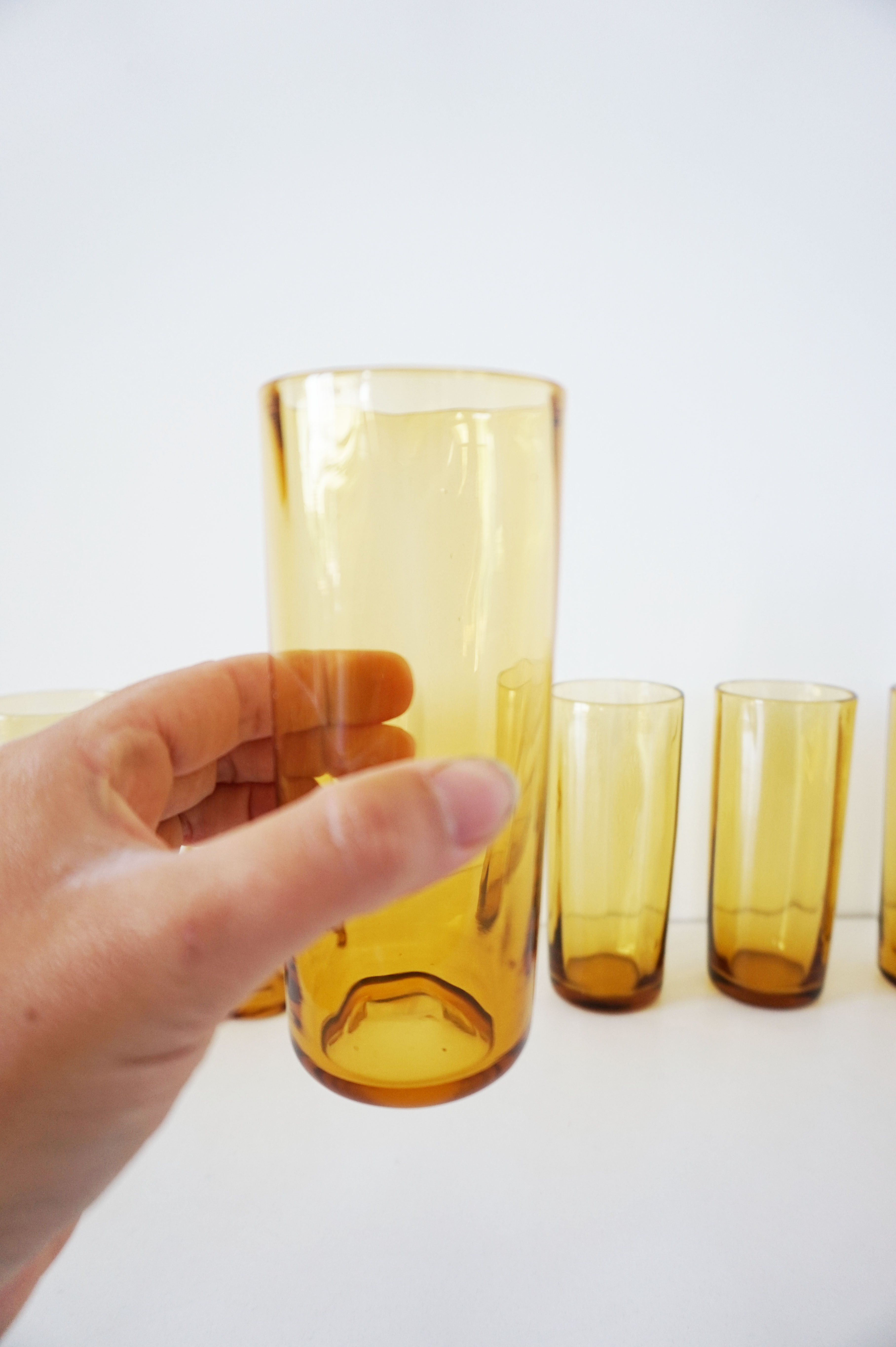 6 amber glass water glasses 1960