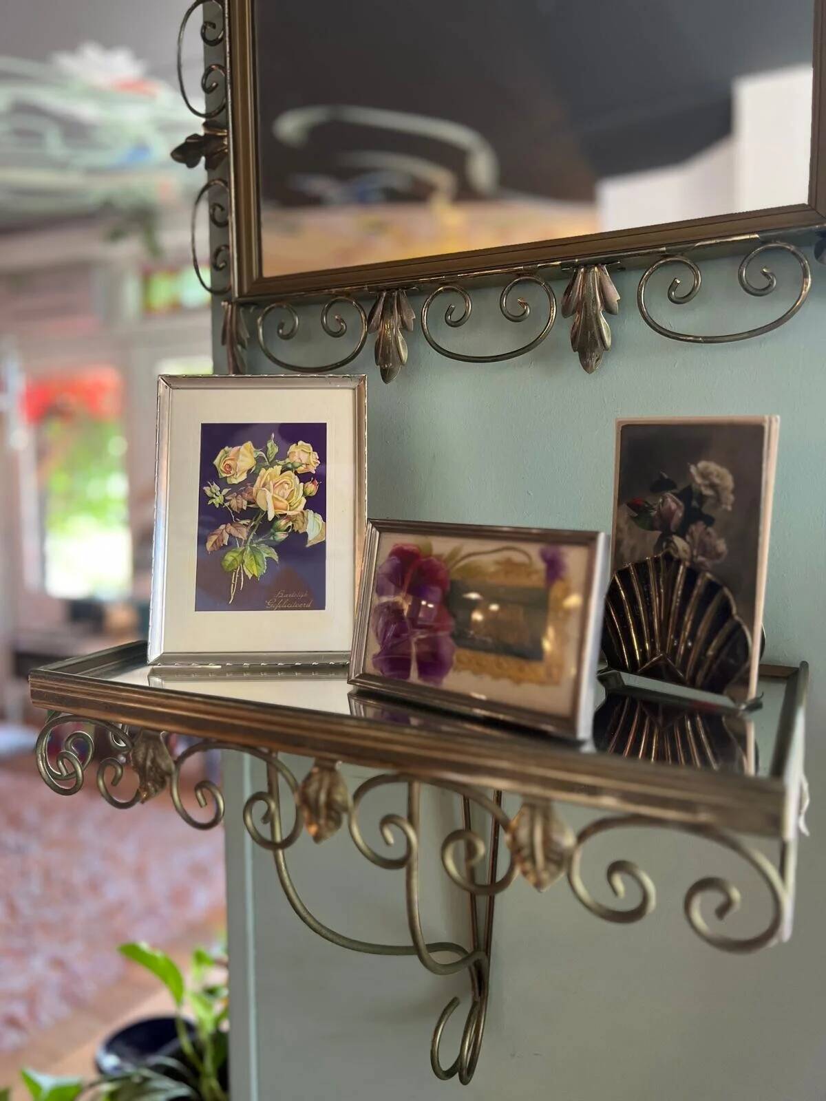 Vintage brass Deknudt mirror with shelf, 1970s
