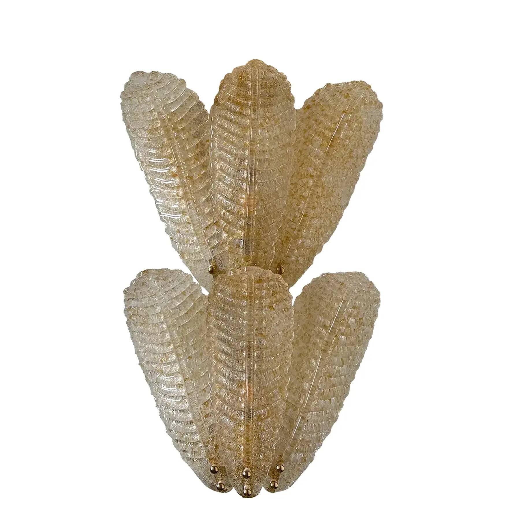 Luxury Venetian Wall Sconces in Amber "Graniglia" Leaves Murano Glass-Set o