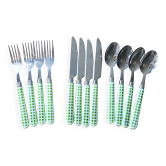 12 vintage stainless steel and green and white gingham cutlery sets