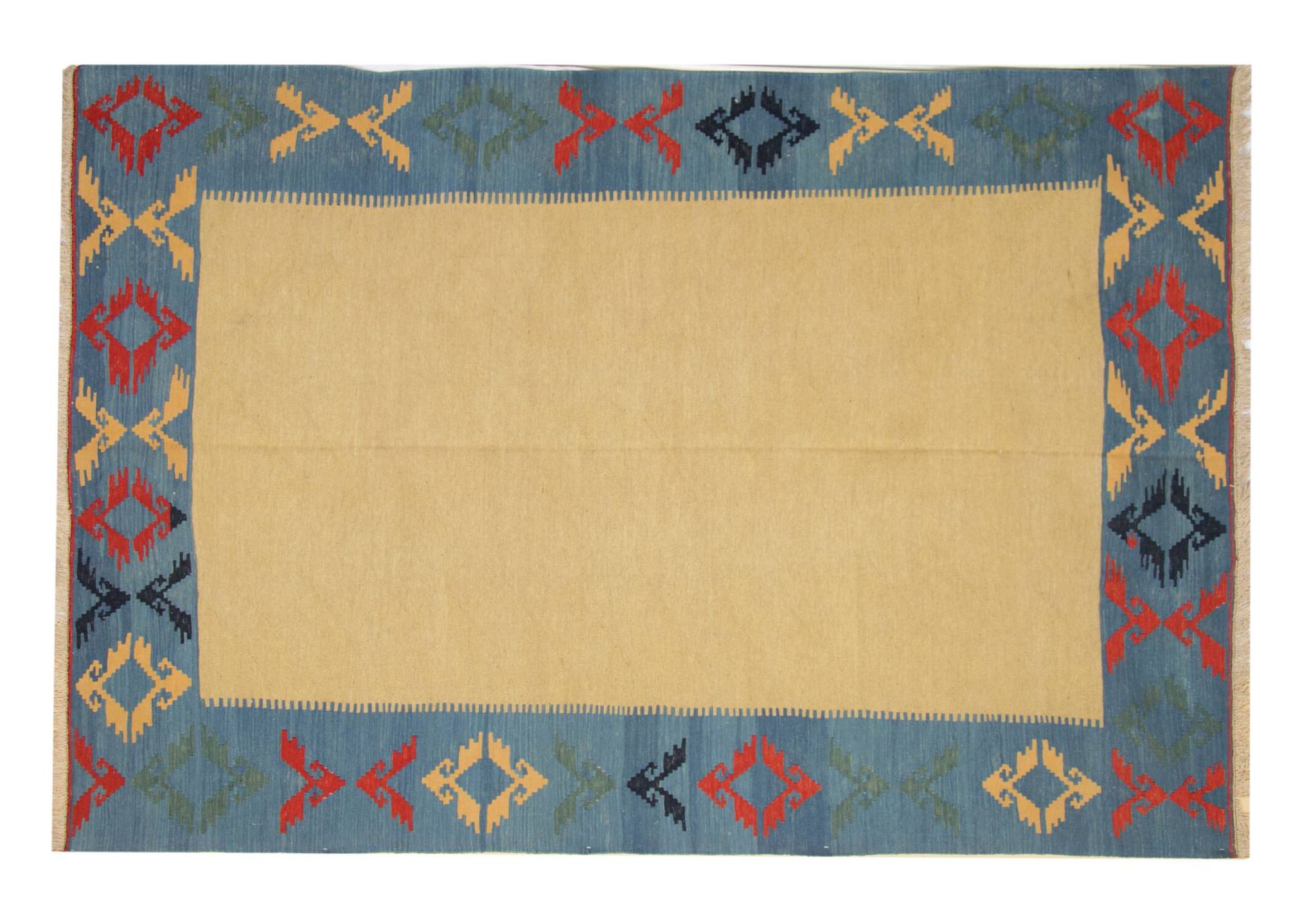 Large Yellow Kilim Rug, Gold Geometric Tribal Wool Carpet 300 x 202 cm