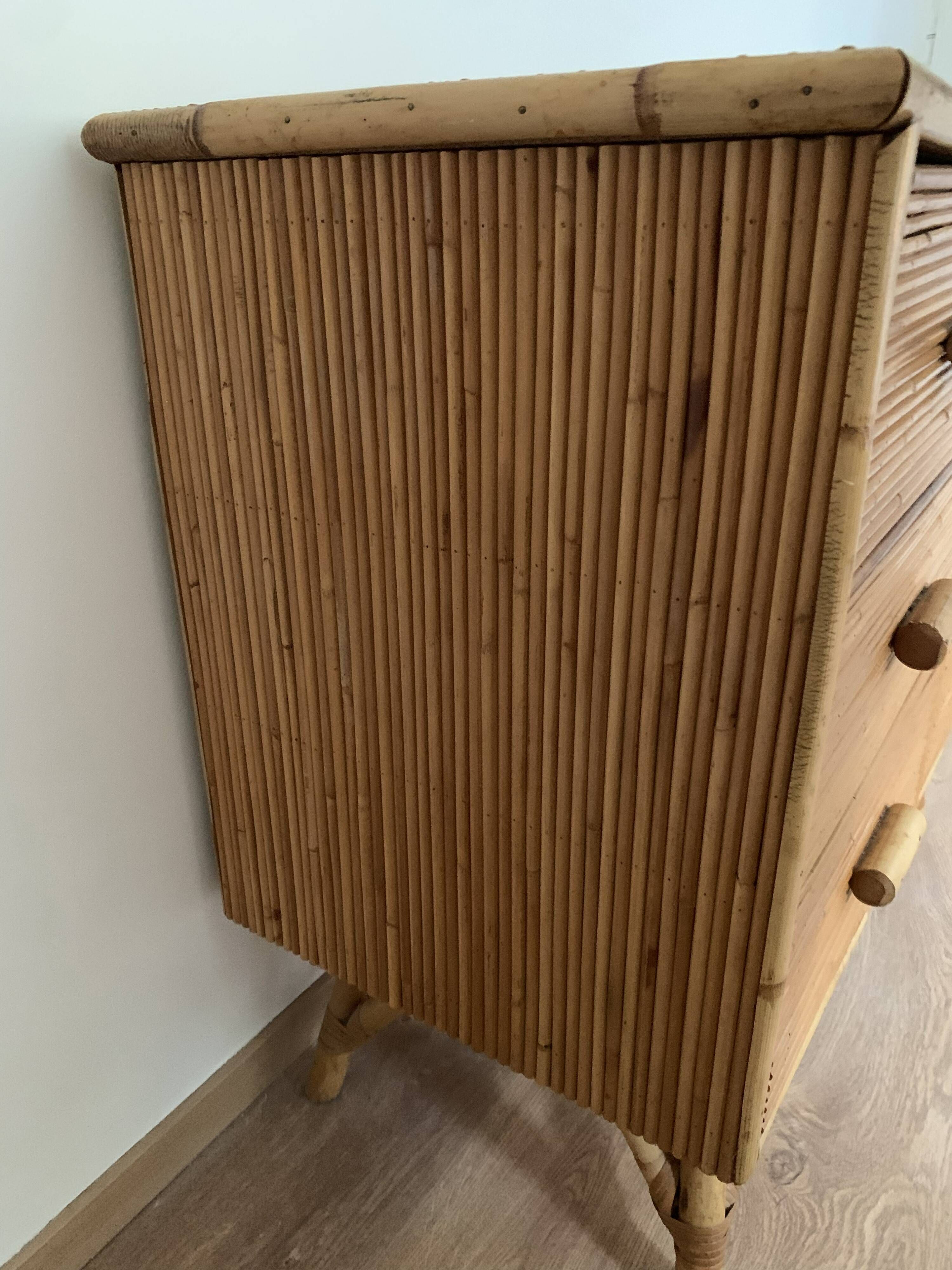 3-drawer rattan/bamboo chest of drawers attributed to Adrien Audoux and Frida Minnet. Circa 1950