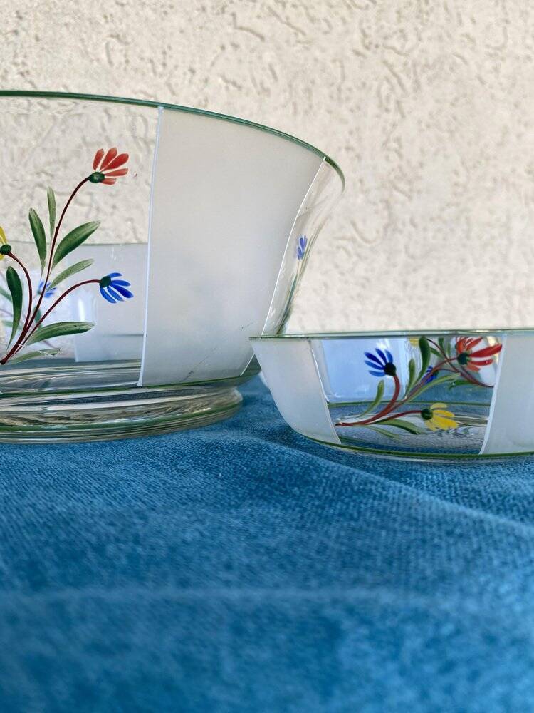 Set of 7 hand-painted glass bowls, multicoloured transparent, Hungary 1950s