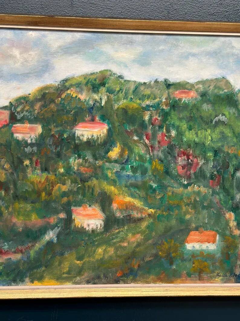 Original Swedish Oil on Canvas – “Hilly Landscape with Houses” by Lalla Blecher – Signed – Vintage & Framed